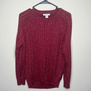 Athleta sweater red silver cable knit crew long sleeve wool blend xs